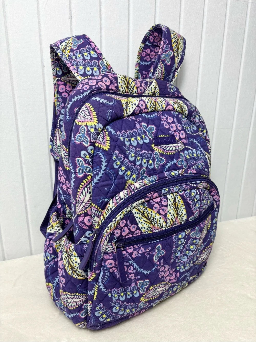 Vera Bradley Purple Floral Paisley Quilted Backpack Pink & Yellow Accents travel